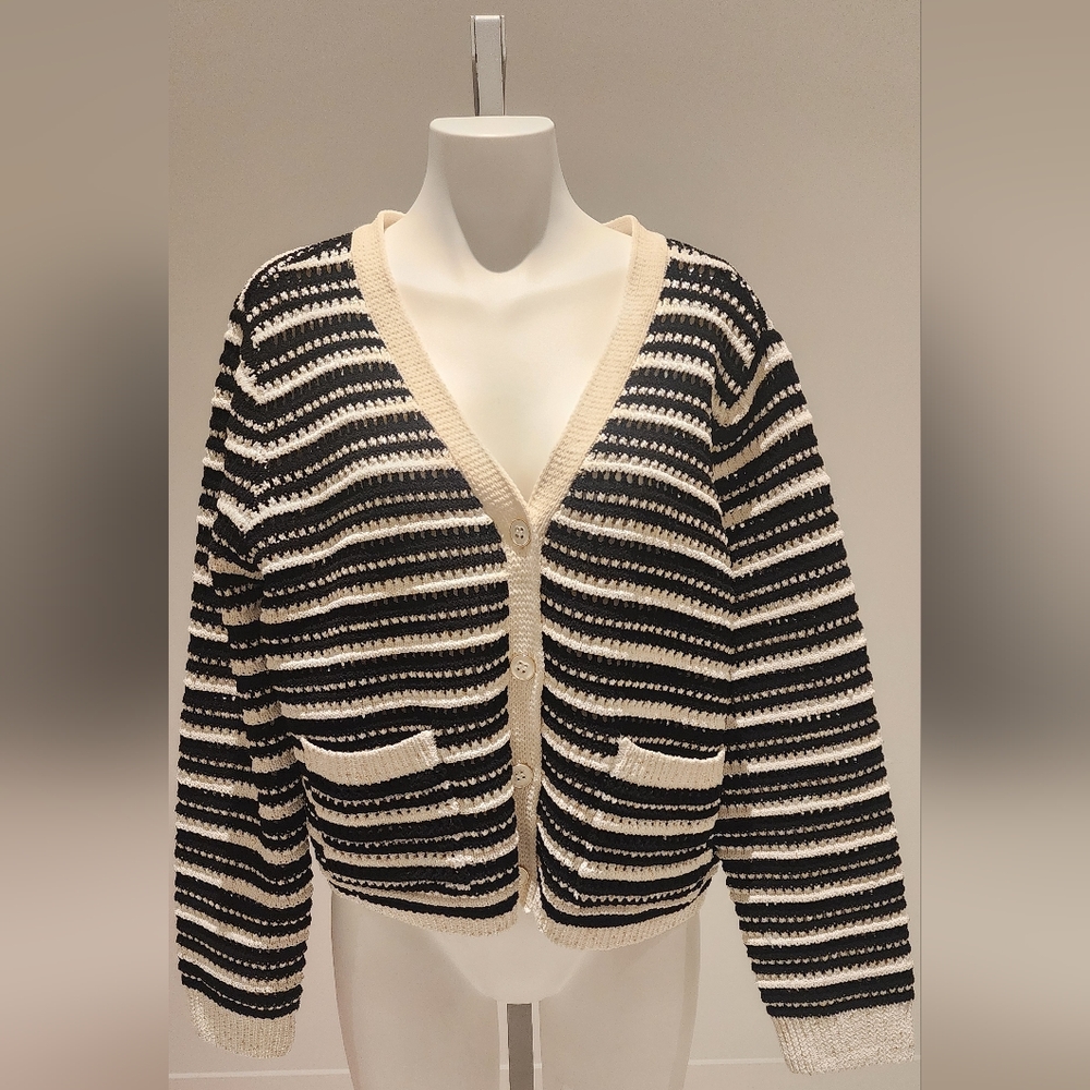Greige Striped Black and Cream Cardigan Sweater ~ XL